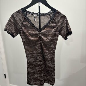 BKE Brown Marled Lace-Trim V-Neck Top